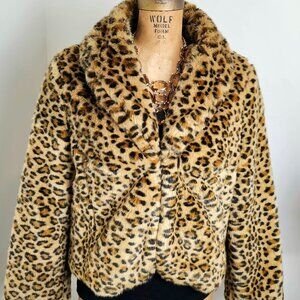 Lucky Brand Faux Fur Leopard Print Jacket Cropped Plush Coat Size L NWOT